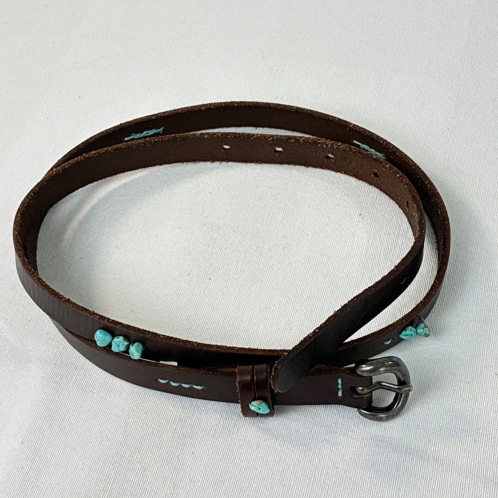 Turquoise Stone Leather Skinny Belt Womens L Brown Western Boho Chic Skinny